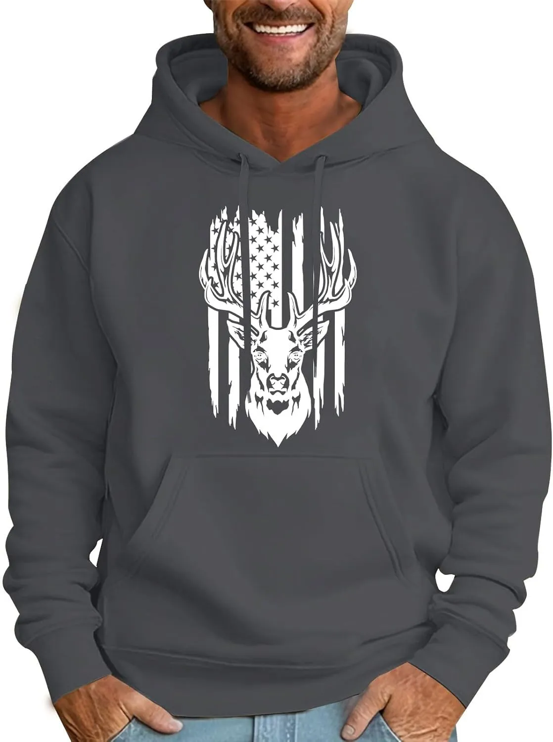 Graphic Hoodies For Men American Flag Deer Print Hooded Sweatshirts Outdoor Patriotic Shirts Long Sleeve Spring Tops