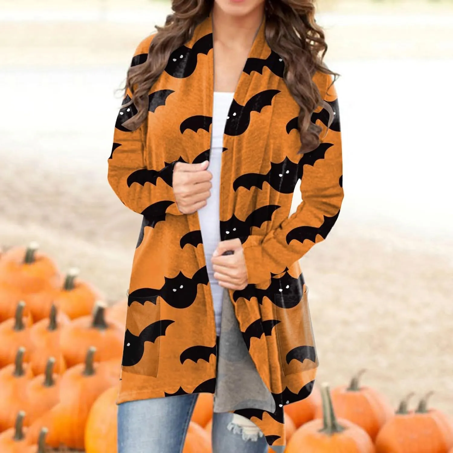 Halloween Cardigan for Women Fall Fashion 2023 Pumpkin Cat Print Open Front Long Cardigan Knitted Sweater Outwear Coat