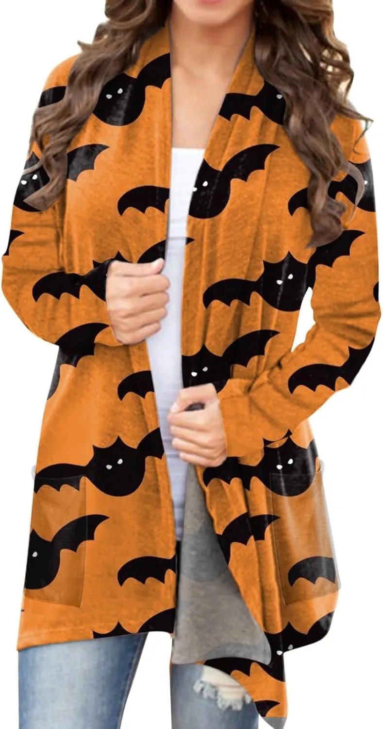 Halloween Cardigan for Women Fall Fashion 2023 Pumpkin Cat Print Open Front Long Cardigan Knitted Sweater Outwear Coat