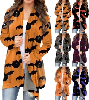 Halloween Cardigan for Women Fall Fashion 2023 Pumpkin Cat Print Open Front Long Cardigan Knitted Sweater Outwear Coat