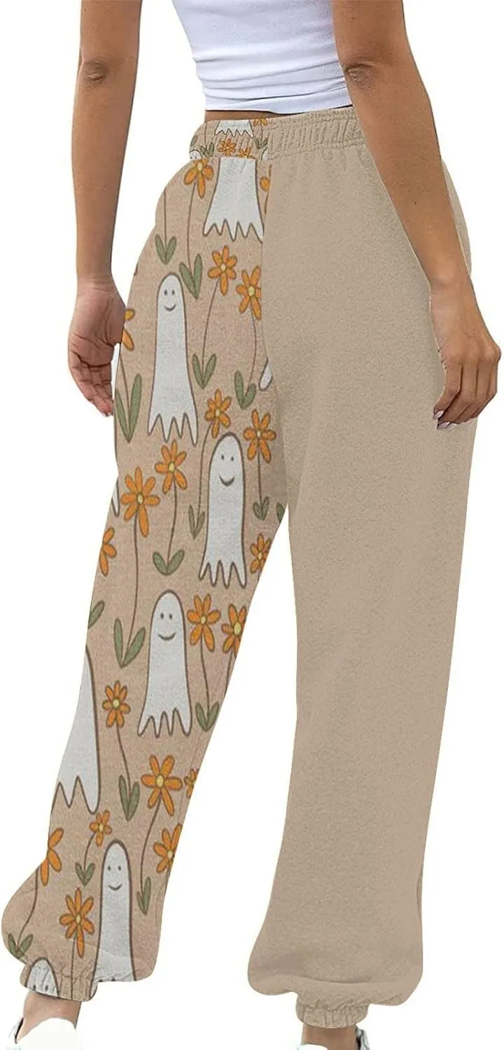 Halloween Sweatpants for Women Funny Ghost Print Workout Joggers Pants Drawstring Lounge Bottoms Pants with Pockets