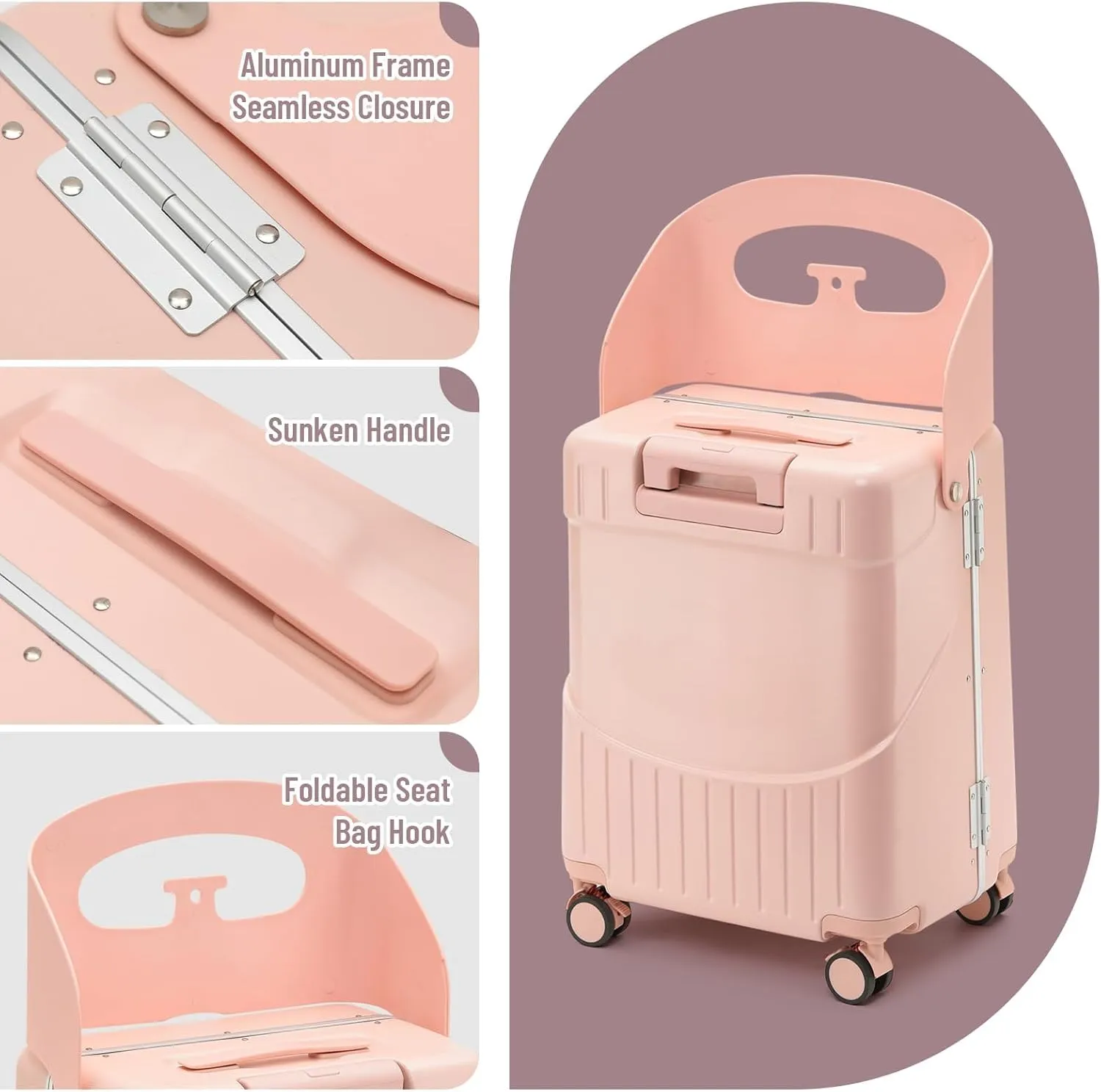 Hardside 22- Inch Luggage with Child Seat, Lockable 4- Spinner Wheels with TSA Approved Lock Travel Suitcase with Seat for Kids in 2-15 Years, Pink, 22-Inch, Modern