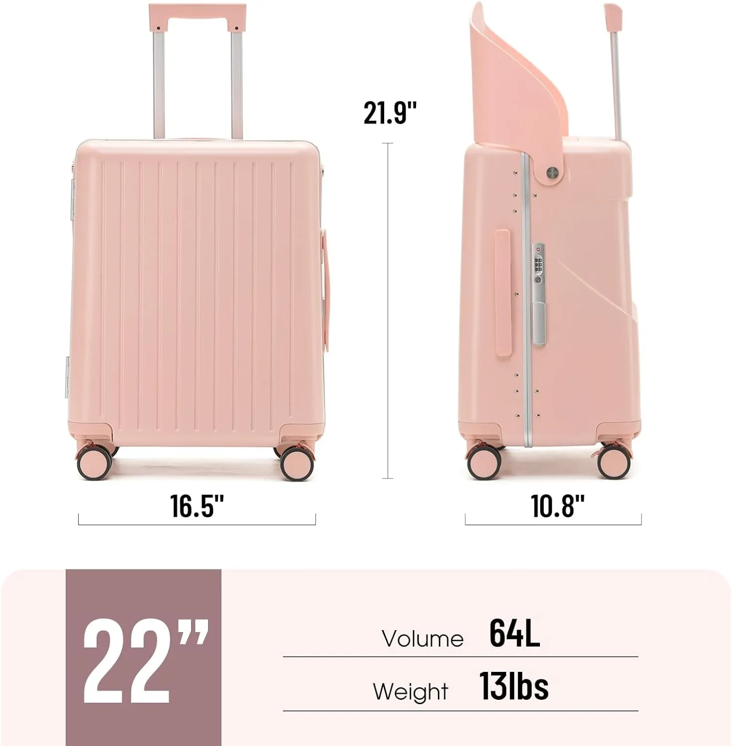 Hardside 22- Inch Luggage with Child Seat, Lockable 4- Spinner Wheels with TSA Approved Lock Travel Suitcase with Seat for Kids in 2-15 Years, Pink, 22-Inch, Modern