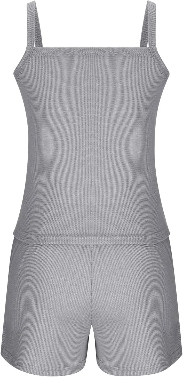 HGps8w Pajamas Set for Women Waffle Knit 2 Piece Outfits Sexy Crop Cami Top and Drawstring Shorts Soft Sleepwear Lounge Sets