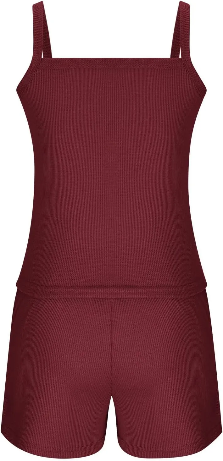 HGps8w Pajamas Set for Women Waffle Knit 2 Piece Outfits Sexy Crop Cami Top and Drawstring Shorts Soft Sleepwear Lounge Sets