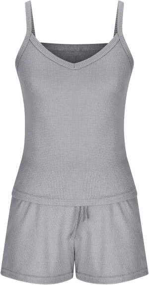HGps8w Pajamas Set for Women Waffle Knit 2 Piece Outfits Sexy Crop Cami Top and Drawstring Shorts Soft Sleepwear Lounge Sets