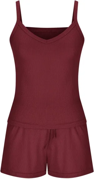 HGps8w Pajamas Set for Women Waffle Knit 2 Piece Outfits Sexy Crop Cami Top and Drawstring Shorts Soft Sleepwear Lounge Sets