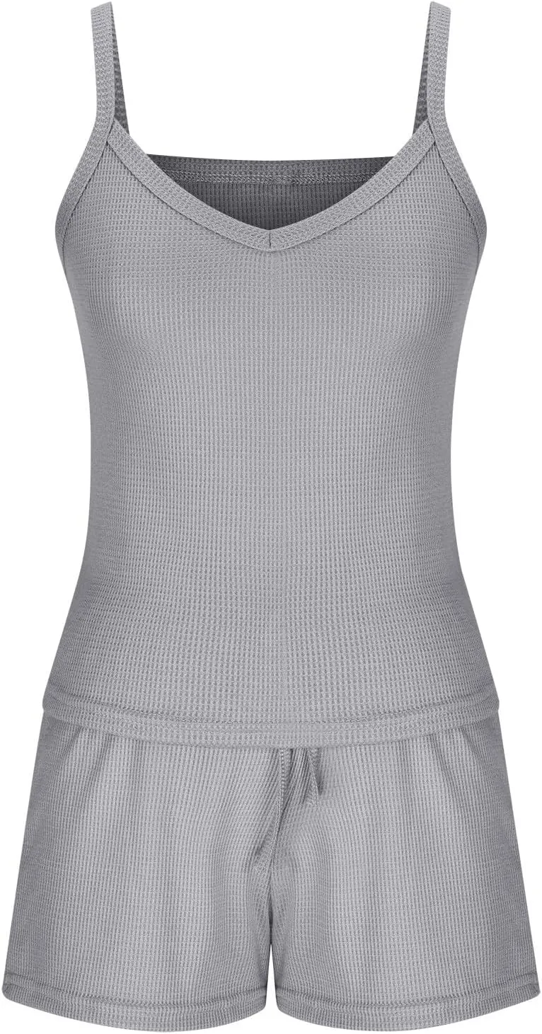 HGps8w Pajamas Set for Women Waffle Knit 2 Piece Outfits Sexy Crop Cami Top and Drawstring Shorts Soft Sleepwear Lounge Sets