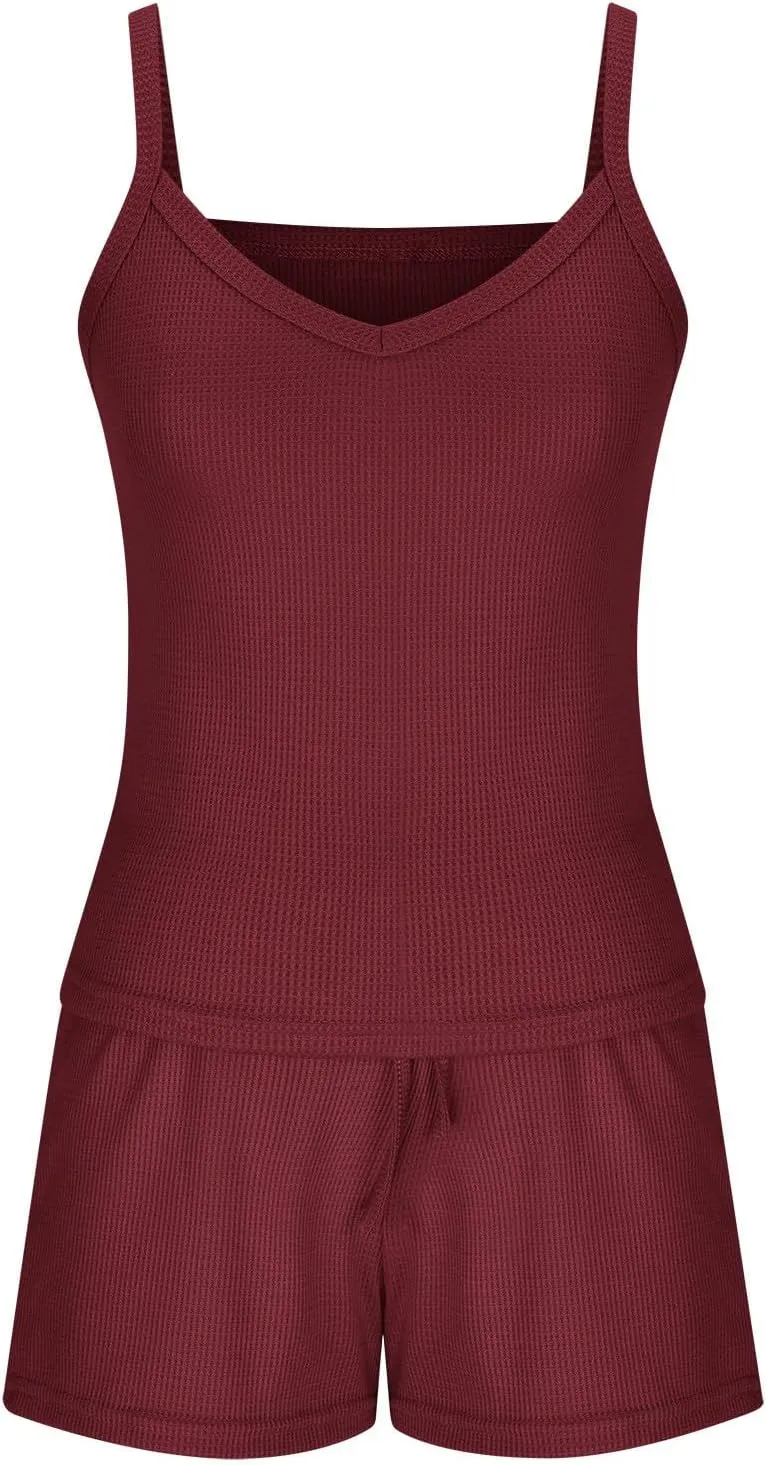 HGps8w Pajamas Set for Women Waffle Knit 2 Piece Outfits Sexy Crop Cami Top and Drawstring Shorts Soft Sleepwear Lounge Sets