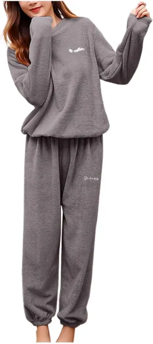 HGps8w Women's Embroidery Fuzzy Fleece Pajama Sets - Long Sleeve Pullover Sleepwear Tops Long Pants 2 Piece Lounge Outfits