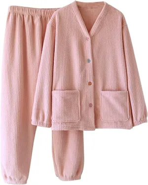 HGps8w Women's Fuzzy Fleece Winter Pajama Sets - Button V Neck Long Sleeve Sleepwear Comfy Fuffy Plush Pants Lounge Pjs