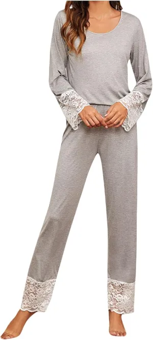 HGps8w Women's Lace Splicing Pajama Sets Long Sleeve Pullover Sleepwear Soft Modal Pjs Bottom Loose Lounge Sets