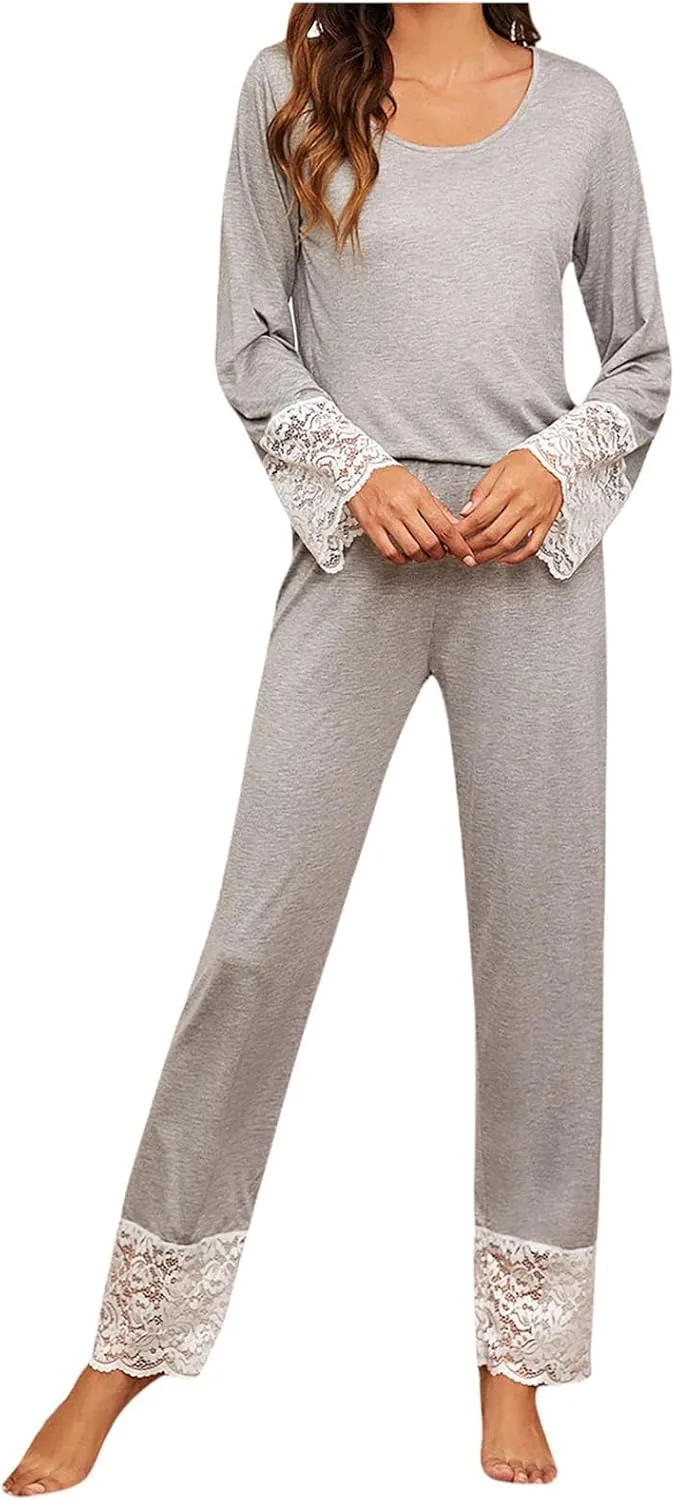 HGps8w Women's Lace Splicing Pajama Sets Long Sleeve Pullover Sleepwear Soft Modal Pjs Bottom Loose Lounge Sets