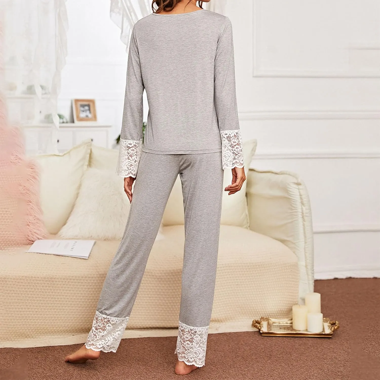 HGps8w Women's Lace Splicing Pajama Sets Long Sleeve Pullover Sleepwear Soft Modal Pjs Bottom Loose Lounge Sets