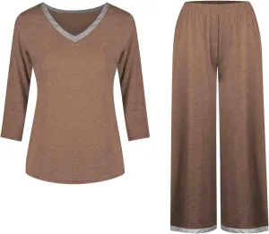 HGps8w Women's Pajama Sets Colorblock V Neck Long Sleeve Top and Long Pants 2 Piece Pjs Lounge Set Soft Sleepwear