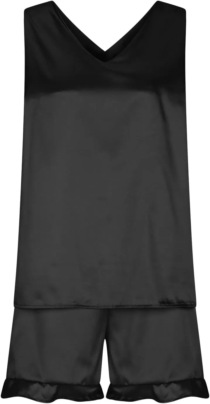HGps8w Women's Satin Silk Pajamas Sleevelss V Neck Tank Top with Ruffle Shorts 2 Piece Sleepwear Soft Pjs Lounge Sets