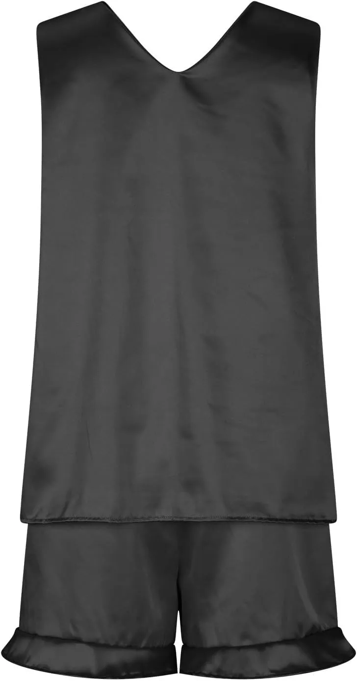 HGps8w Women's Satin Silk Pajamas Sleevelss V Neck Tank Top with Ruffle Shorts 2 Piece Sleepwear Soft Pjs Lounge Sets