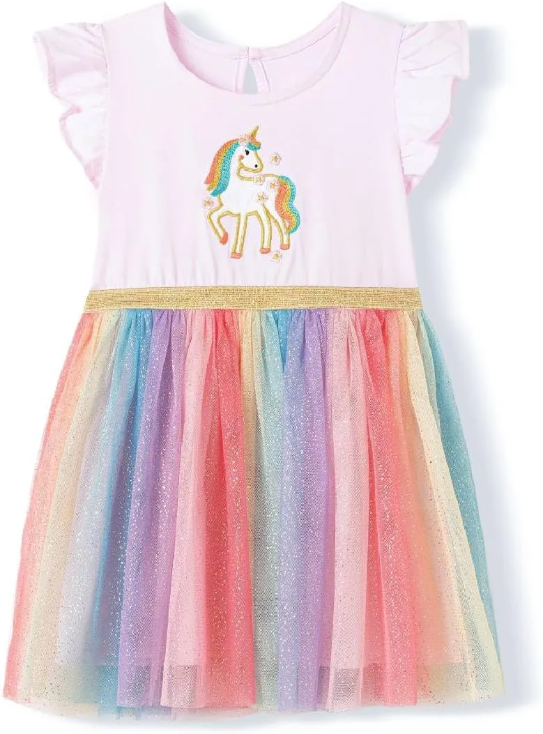 HILEELANG Girl Easter Dresses Short Ruffle Sleeve Cotton Tulle Tutu Birthday Party Dresses