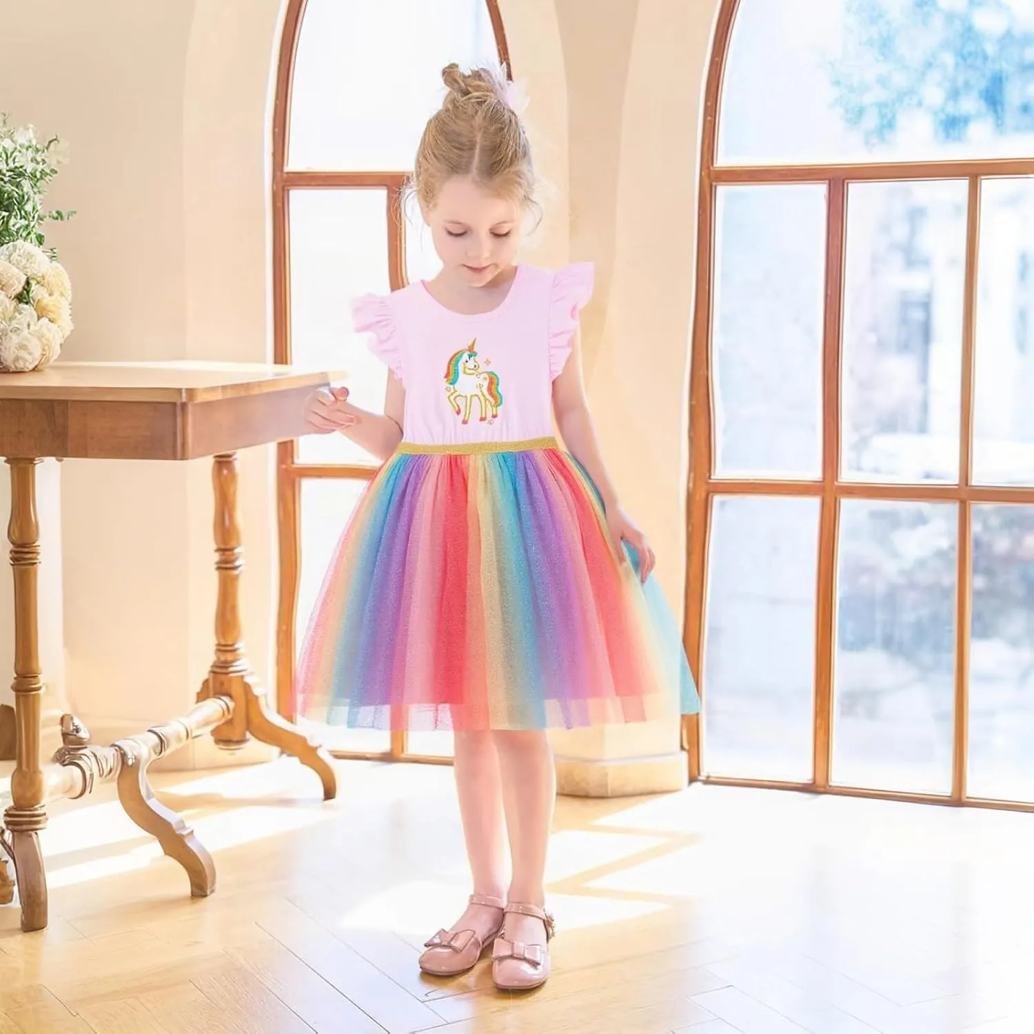 HILEELANG Girl Easter Dresses Short Ruffle Sleeve Cotton Tulle Tutu Birthday Party Dresses