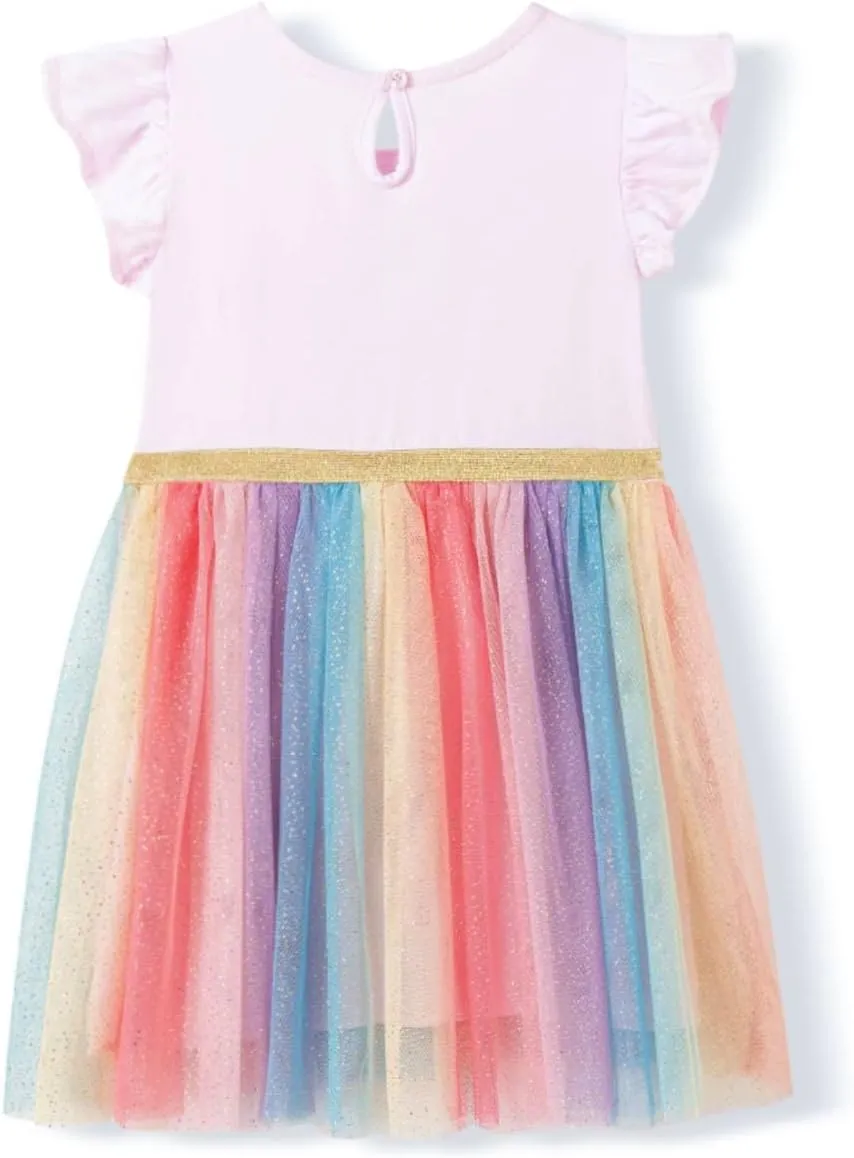 HILEELANG Girl Easter Dresses Short Ruffle Sleeve Cotton Tulle Tutu Birthday Party Dresses