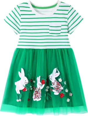 HILEELANG Girl Easter Dresses Short Ruffle Sleeve Cotton Tulle Tutu Birthday Party Dresses