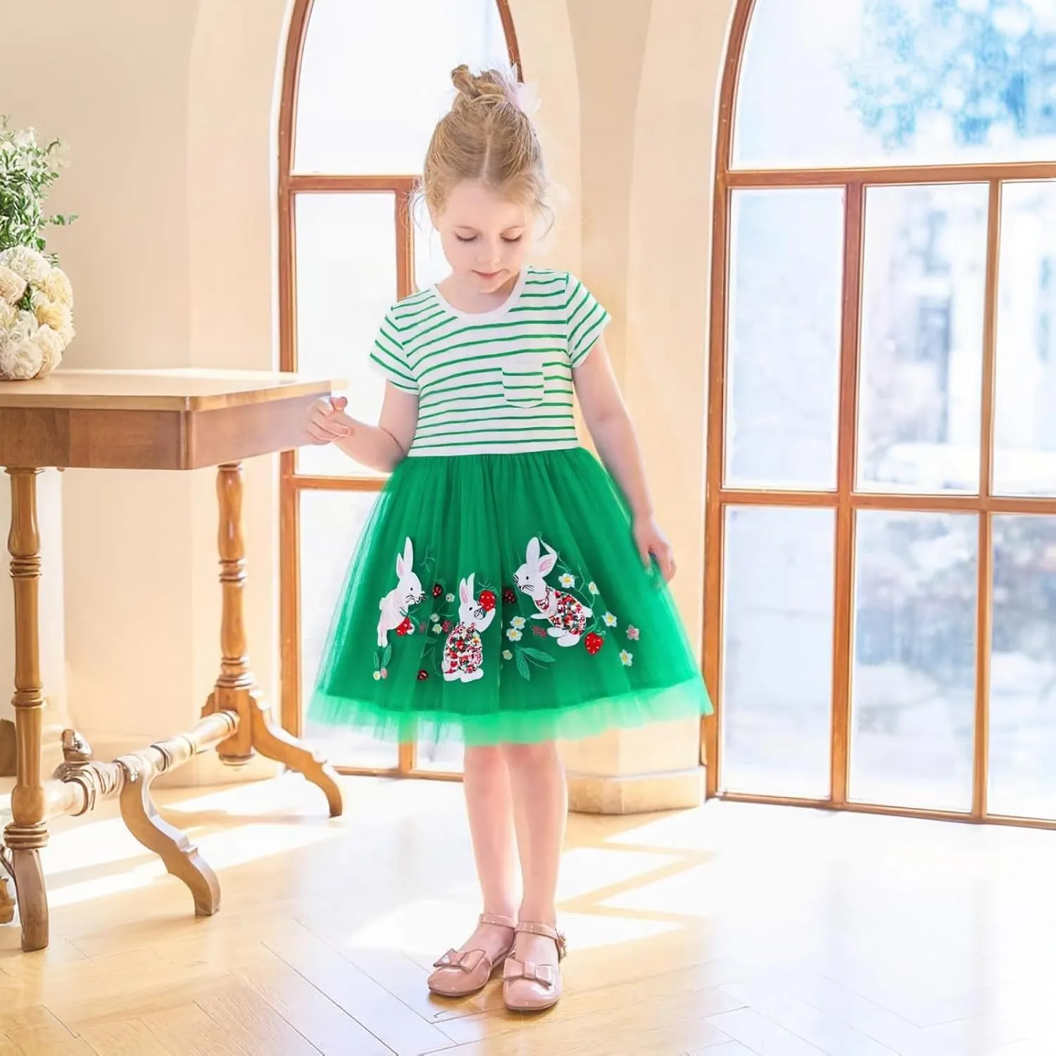HILEELANG Girl Easter Dresses Short Ruffle Sleeve Cotton Tulle Tutu Birthday Party Dresses