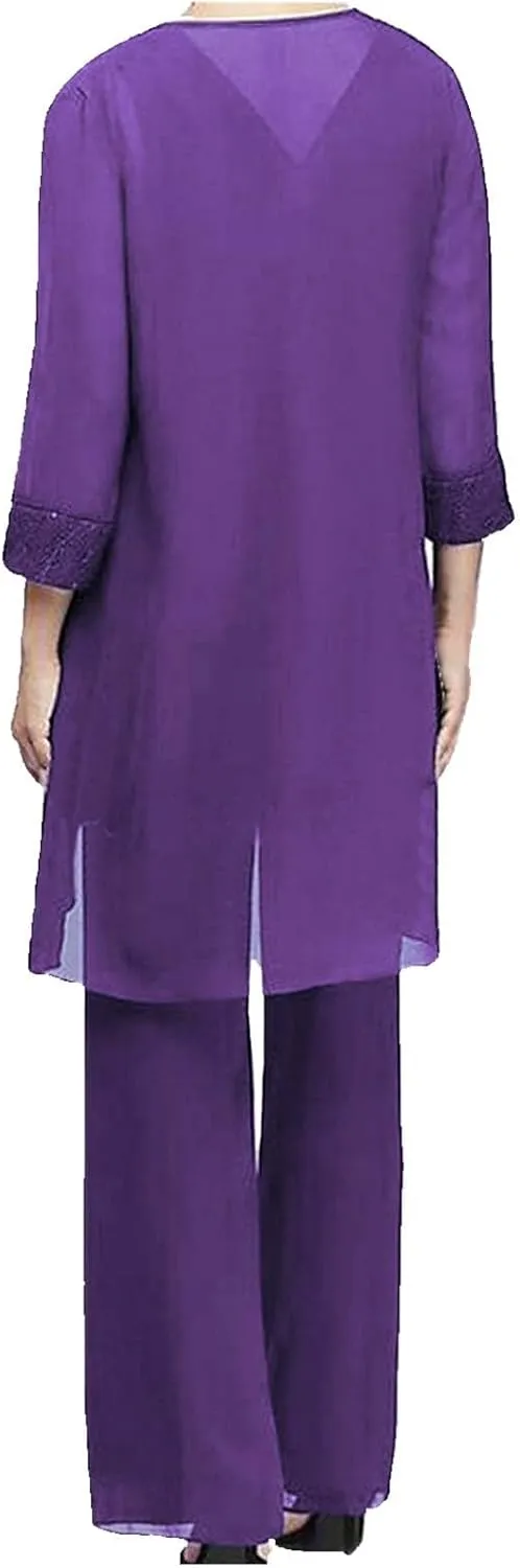 hlysgo Wedding Guest Sets Women 3 Piece Outfits Long Sleeve Cardigans   Lace Tank Tops   Pants Ladies Plus Size Chiffon Set