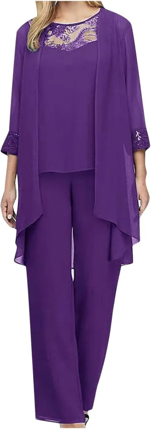 hlysgo Wedding Guest Sets Women 3 Piece Outfits Long Sleeve Cardigans   Lace Tank Tops   Pants Ladies Plus Size Chiffon Set