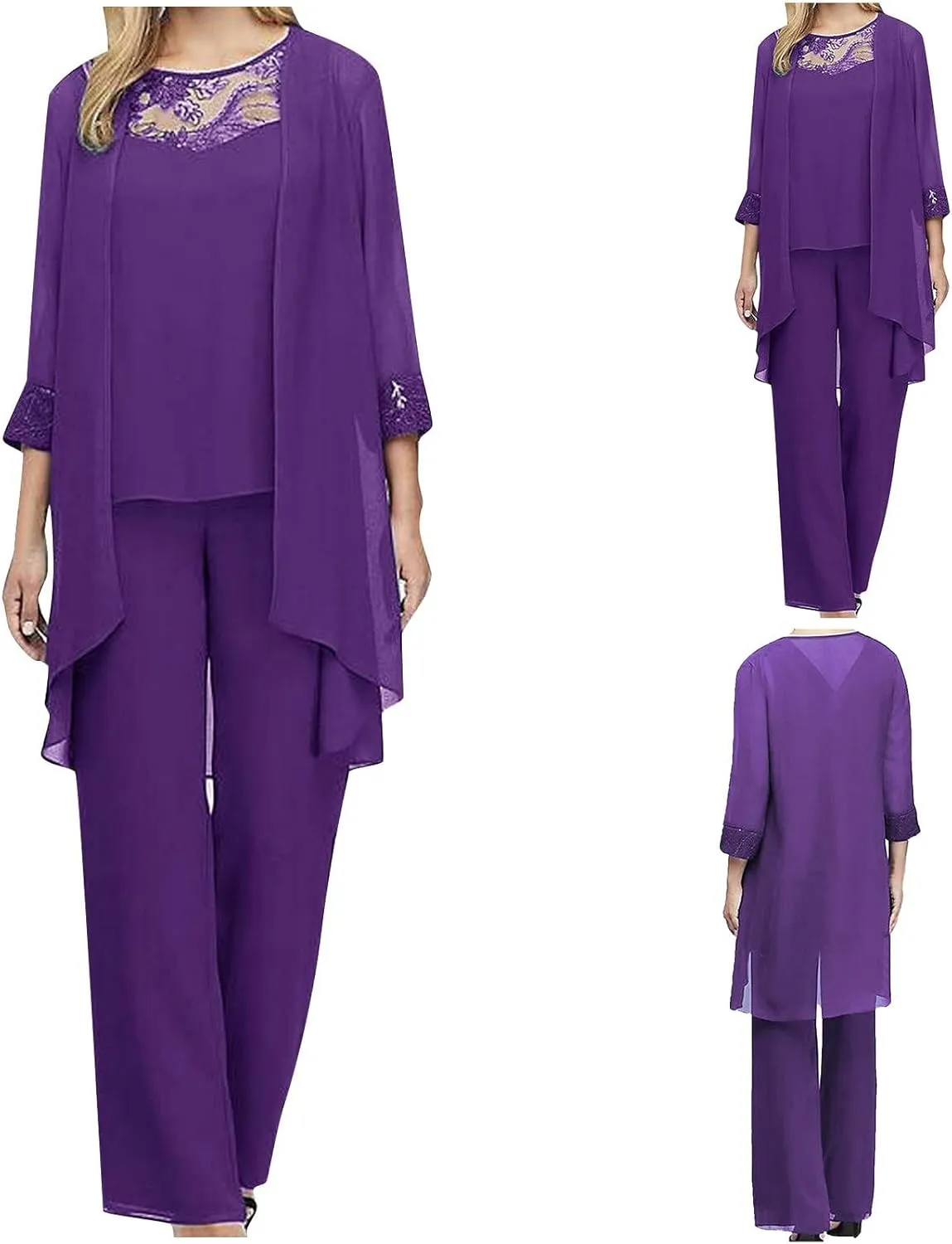 hlysgo Wedding Guest Sets Women 3 Piece Outfits Long Sleeve Cardigans   Lace Tank Tops   Pants Ladies Plus Size Chiffon Set
