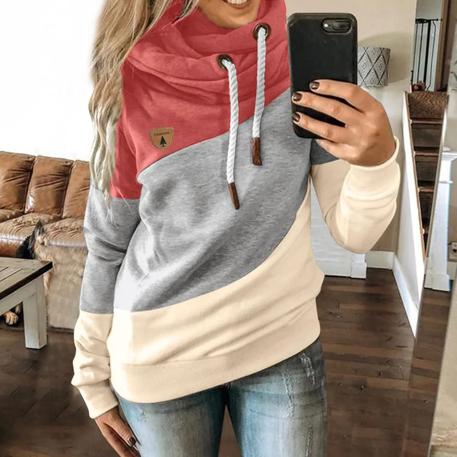 Hooded Sweatshirts Women Plus Size Colorblock Patchwork String Hoodies Casual Comfy Pullover Tunics Sweater Fashion