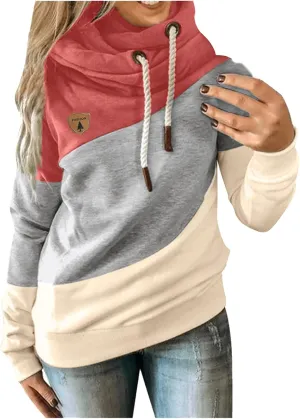 Hooded Sweatshirts Women Plus Size Colorblock Patchwork String Hoodies Casual Comfy Pullover Tunics Sweater Fashion