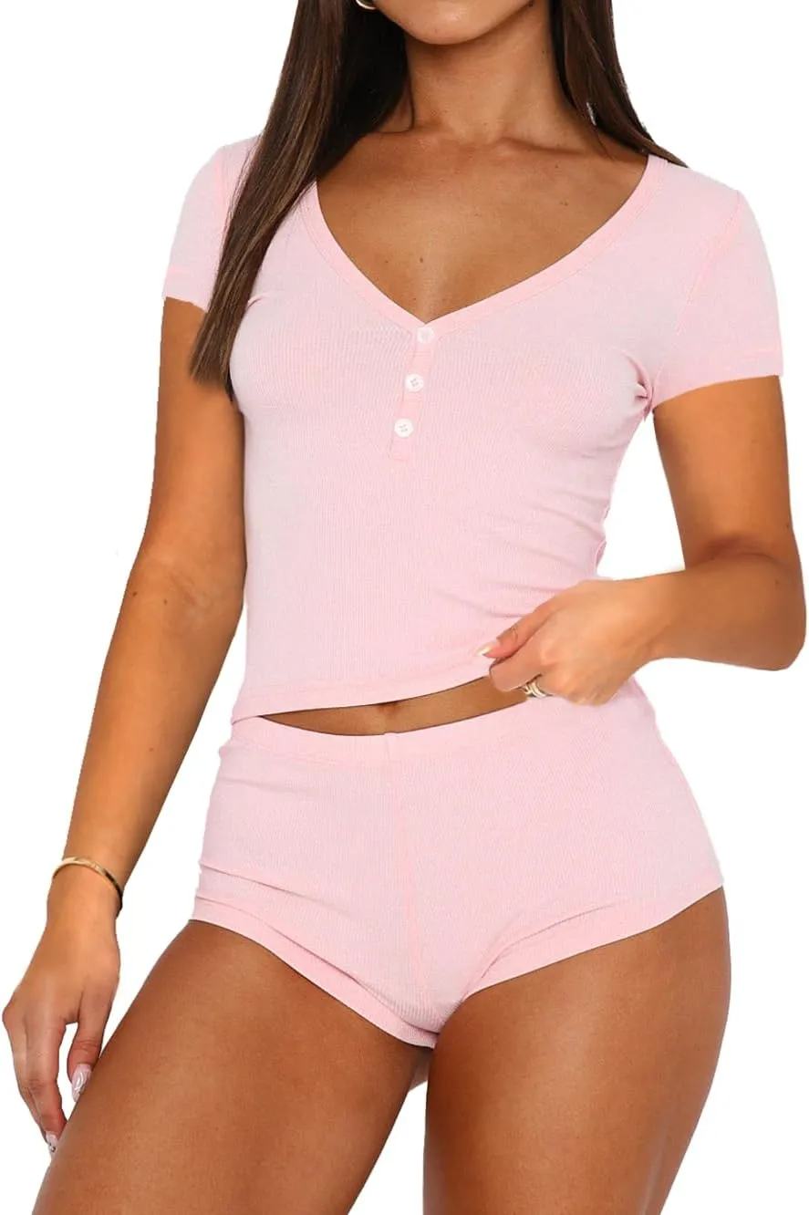INFITTY Pajamas for Women Set Short Sleeve Button Down Sexy Pj Sets Sleepwear Soft Pjs Lounge Sets
