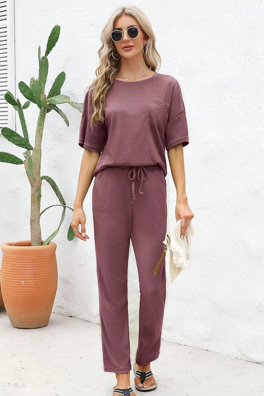 JiniGolla Womens Pajama Sets Waffle Knit Short Sleeve Shirt with Long Pajama Pants Soft Sleepwear Pj Lounge Sets