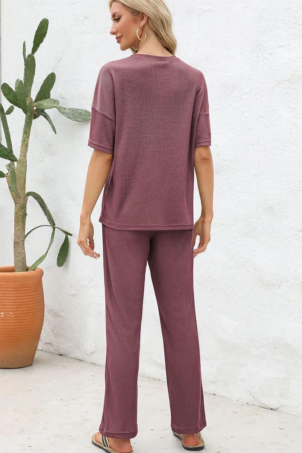 JiniGolla Womens Pajama Sets Waffle Knit Short Sleeve Shirt with Long Pajama Pants Soft Sleepwear Pj Lounge Sets