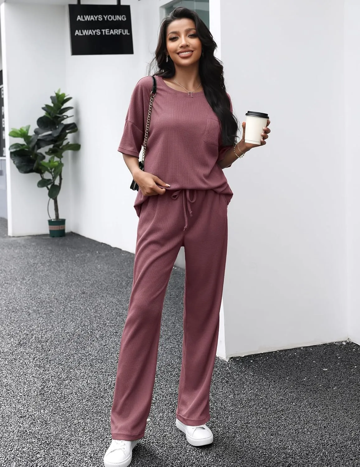 JiniGolla Womens Pajama Sets Waffle Knit Short Sleeve Shirt with Long Pajama Pants Soft Sleepwear Pj Lounge Sets