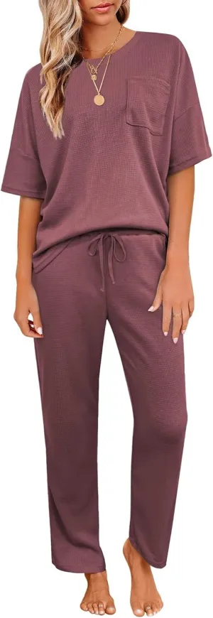 JiniGolla Womens Pajama Sets Waffle Knit Short Sleeve Shirt with Long Pajama Pants Soft Sleepwear Pj Lounge Sets