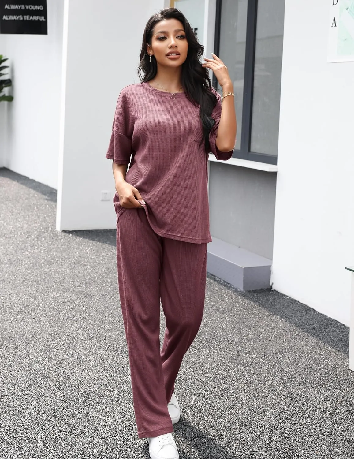 JiniGolla Womens Pajama Sets Waffle Knit Short Sleeve Shirt with Long Pajama Pants Soft Sleepwear Pj Lounge Sets