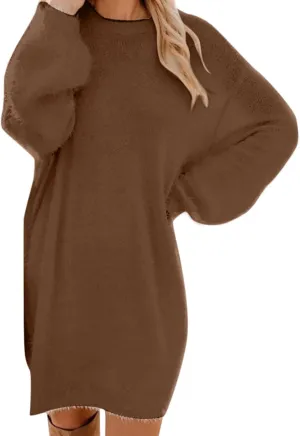 JJHAEVDY Sweater Dresses for Women 2025 Long Sleeve Crewneck Dress Solid Casual Dresses Fall Fuzzy Dresses Winter Loose Dress