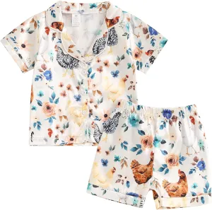 Kids Toddler Girls Pajamas Baby Short Sleeve Lapel Button Down Tops   Shorts Satin Silk Sleepwear Summer Loungewear