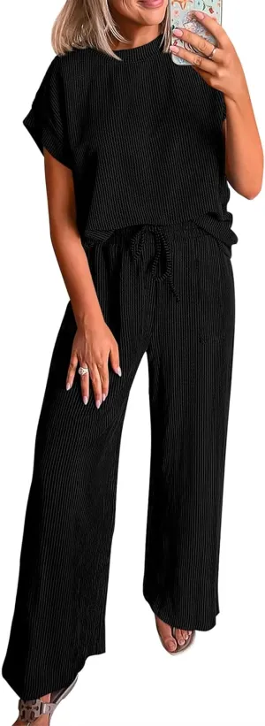 KIRUNDO Womens Summer 2 Piece Outfits Casual Ribbed Knit Short Sleeve Tops Wide Leg Pants Lounge Sets Tracksuit Sweatsuit