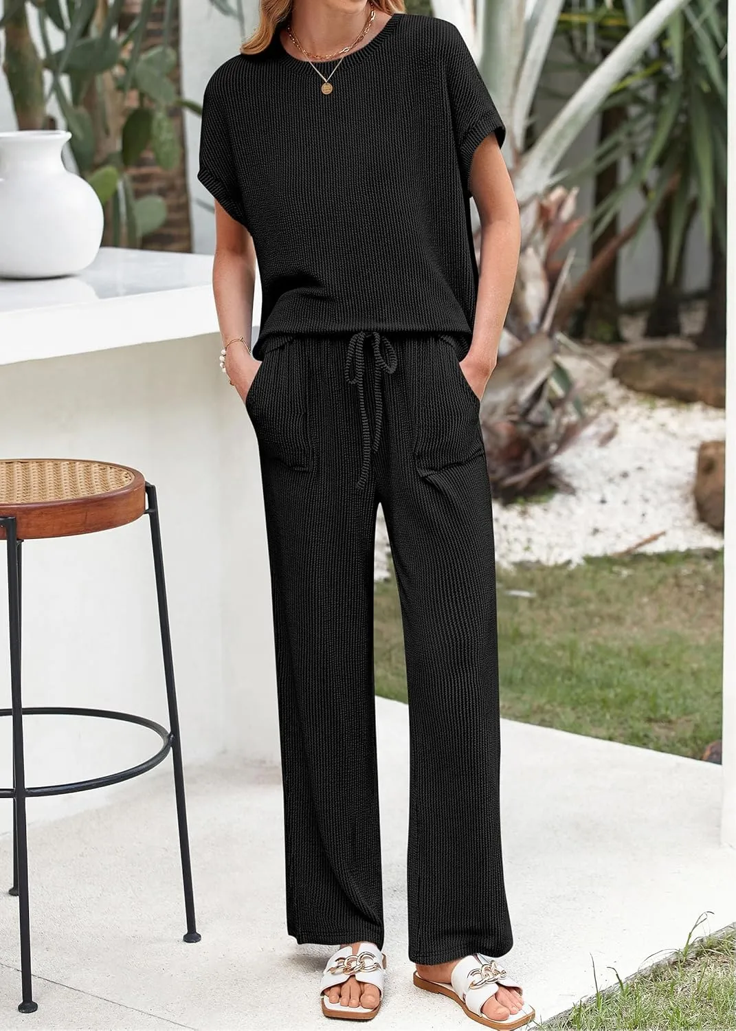 KIRUNDO Womens Summer 2 Piece Outfits Casual Ribbed Knit Short Sleeve Tops Wide Leg Pants Lounge Sets Tracksuit Sweatsuit