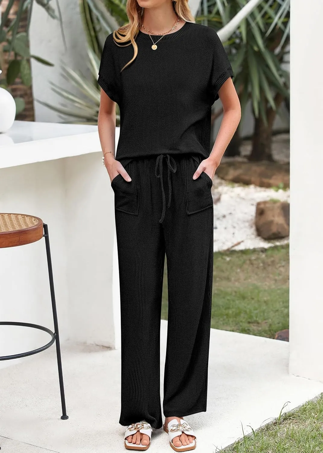 KIRUNDO Womens Summer 2 Piece Outfits Casual Ribbed Knit Short Sleeve Tops Wide Leg Pants Lounge Sets Tracksuit Sweatsuit