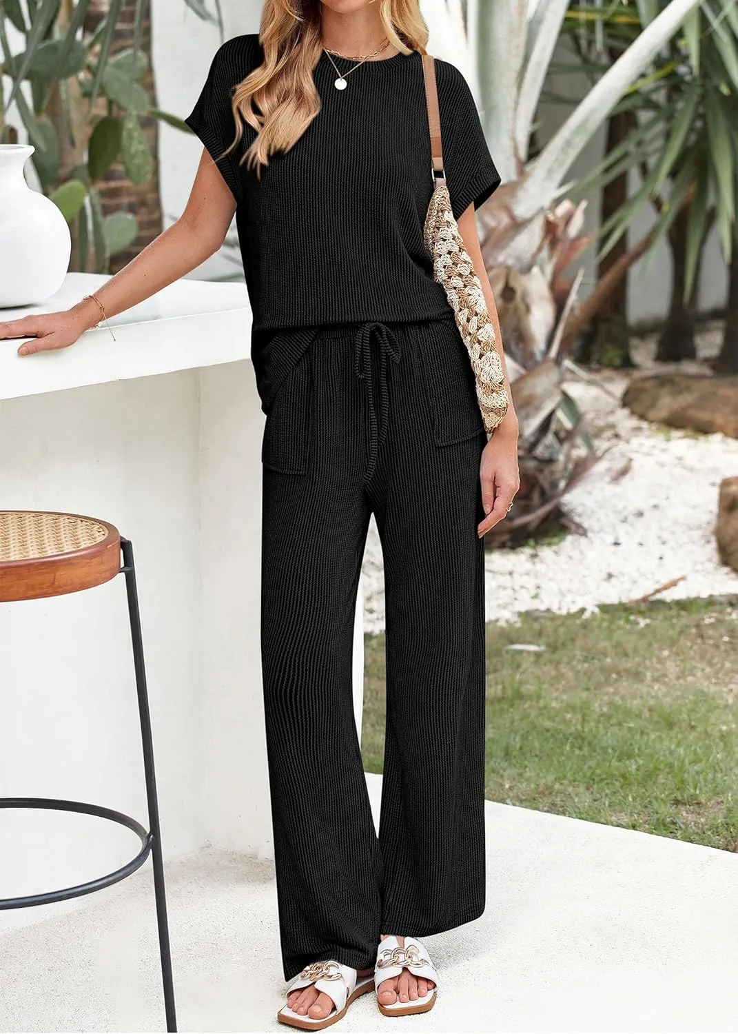 KIRUNDO Womens Summer 2 Piece Outfits Casual Ribbed Knit Short Sleeve Tops Wide Leg Pants Lounge Sets Tracksuit Sweatsuit