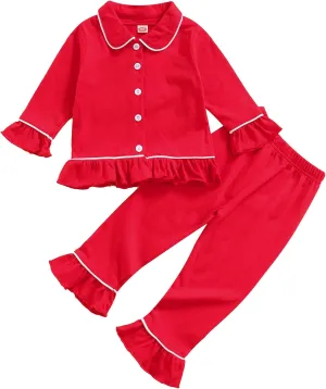 KMBANGI Toddler Baby Girl Two Piece Pajamas Set Long Sleeve Ruffle Button Down Pajamas Top Pants Sleepwear Clothes