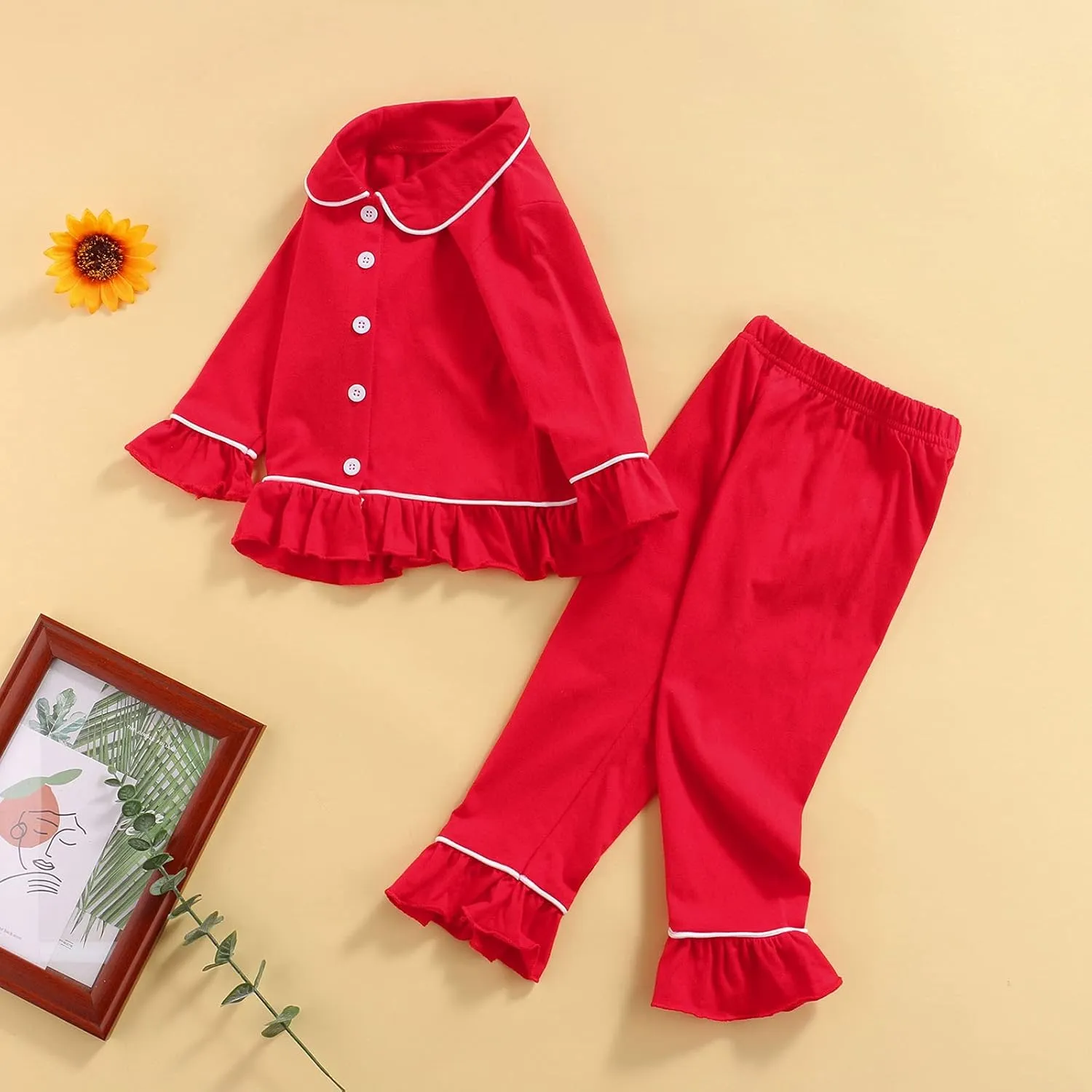 KMBANGI Toddler Baby Girl Two Piece Pajamas Set Long Sleeve Ruffle Button Down Pajamas Top Pants Sleepwear Clothes