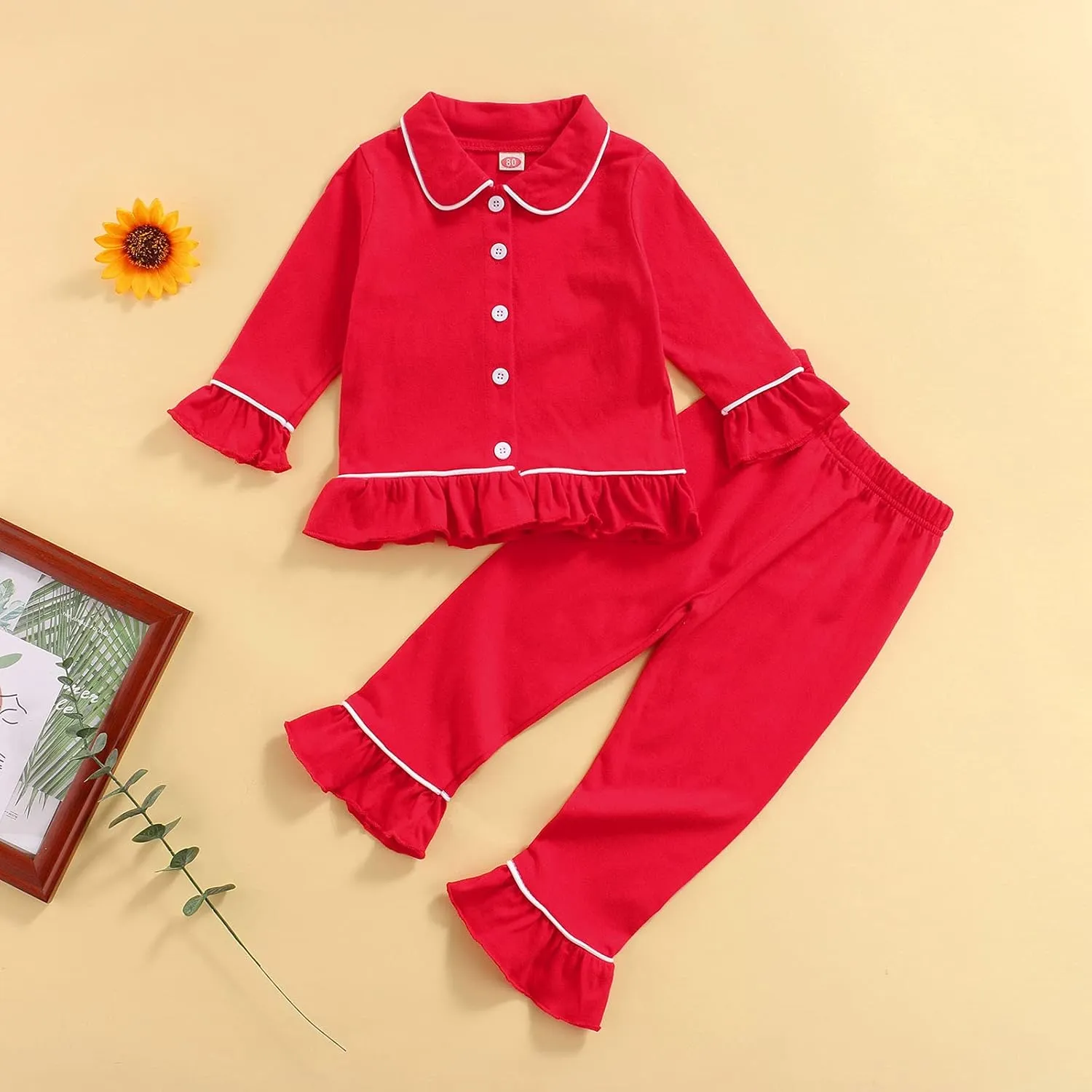 KMBANGI Toddler Baby Girl Two Piece Pajamas Set Long Sleeve Ruffle Button Down Pajamas Top Pants Sleepwear Clothes