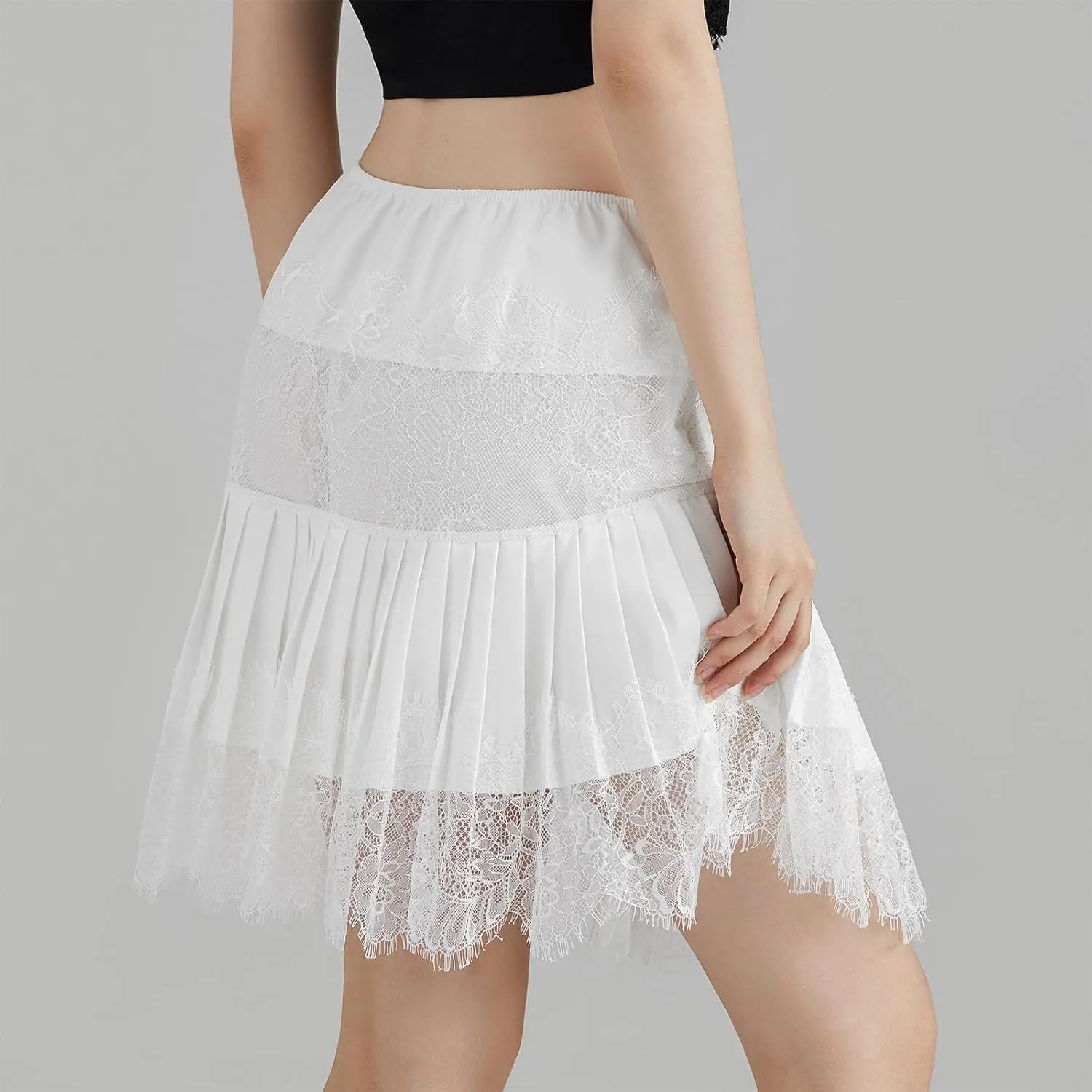 KOSUSANILL Lace Mini Skirt Women Low Rise Pleated Ruffle Half Slips Elastic Flowy Layered Mesh Y2k Short Micro Underskirt