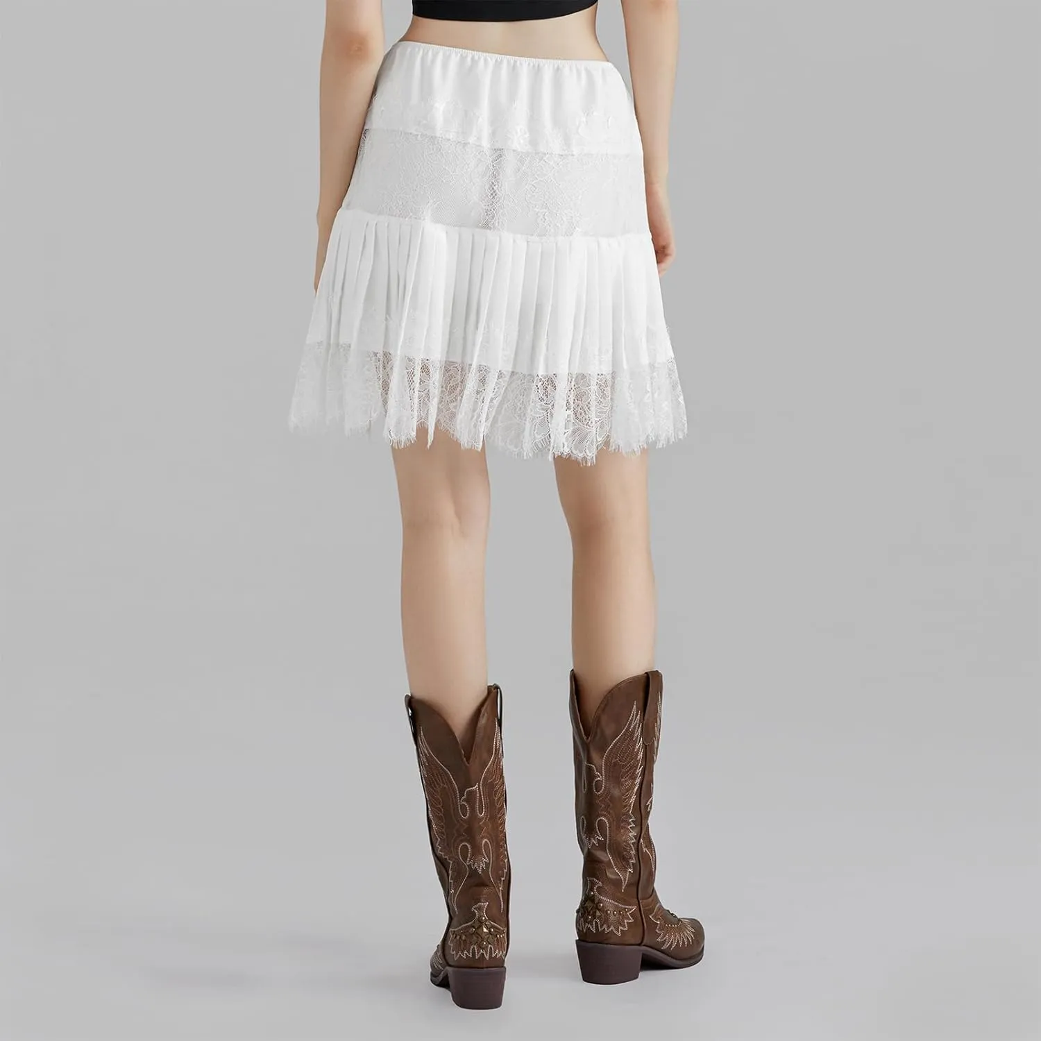 KOSUSANILL Lace Mini Skirt Women Low Rise Pleated Ruffle Half Slips Elastic Flowy Layered Mesh Y2k Short Micro Underskirt