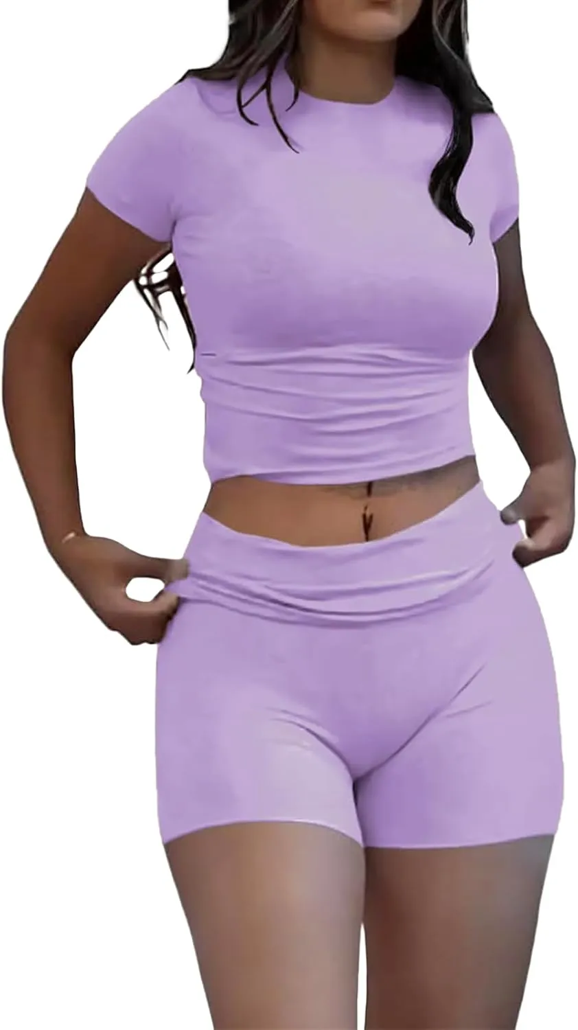 Kubbon Women's 2 Piece Sets Slim Fitted Short Sleeve Tops Foldover Shorts Matching Lounge Sets Casual Summer Outfits