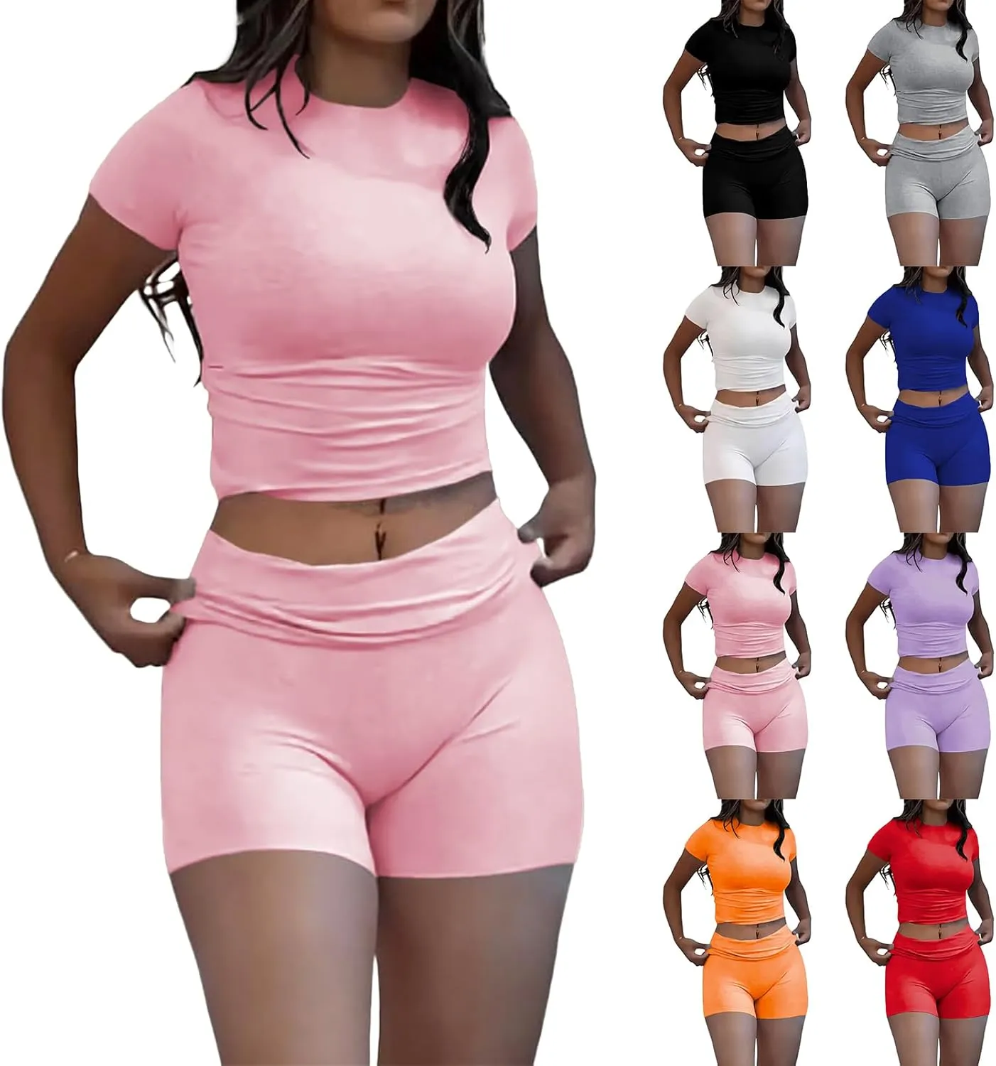 Kubbon Women's 2 Piece Sets Slim Fitted Short Sleeve Tops Foldover Shorts Matching Lounge Sets Casual Summer Outfits